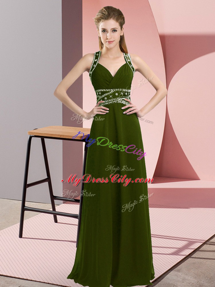 Custom Fit Olive Green Chiffon Backless Prom Gown Sleeveless Floor Length Beading