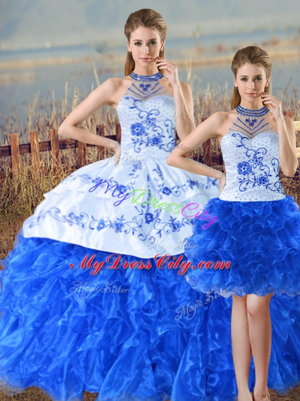 High Quality Sleeveless Organza Floor Length Lace Up Ball Gown Prom Dress in Blue And White with Embroidery and Ruffles