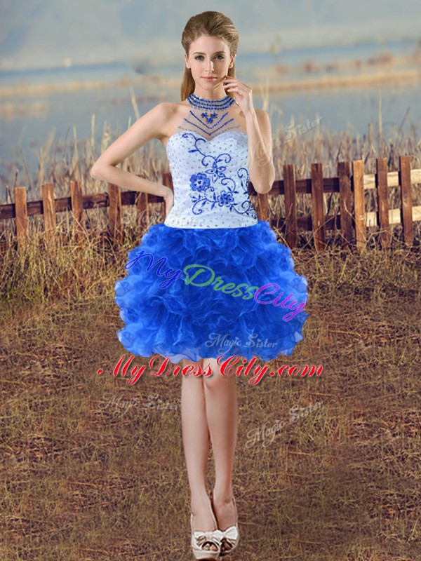 High Quality Sleeveless Organza Floor Length Lace Up Ball Gown Prom Dress in Blue And White with Embroidery and Ruffles