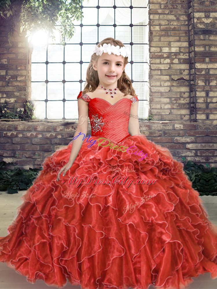 Beading and Ruffles Pageant Dress for Teens Red Lace Up Sleeveless Floor Length