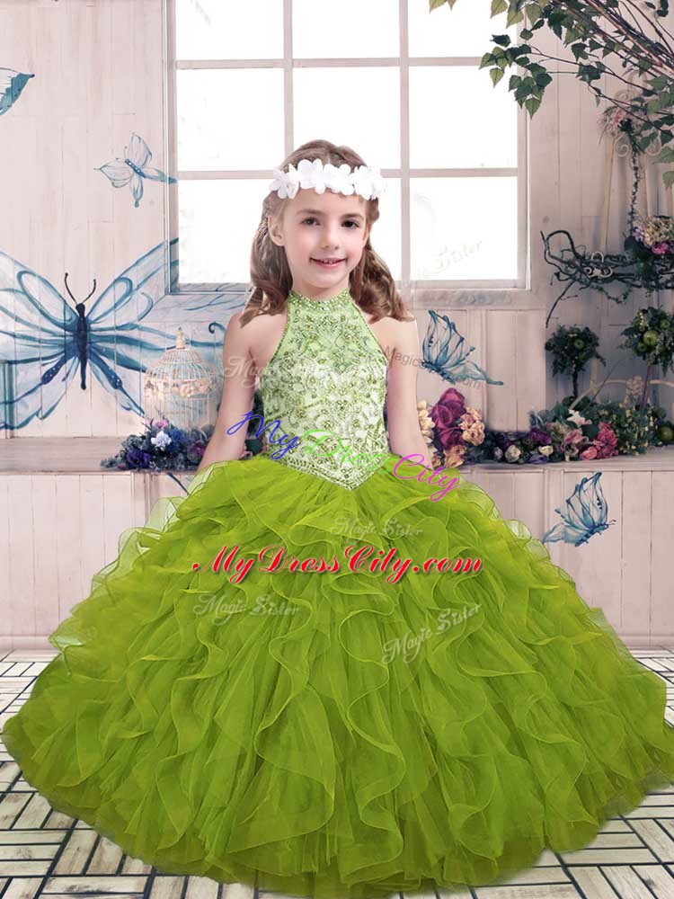 Floor Length Lace Up Winning Pageant Gowns Olive Green for Party and Wedding Party with Beading and Ruffles