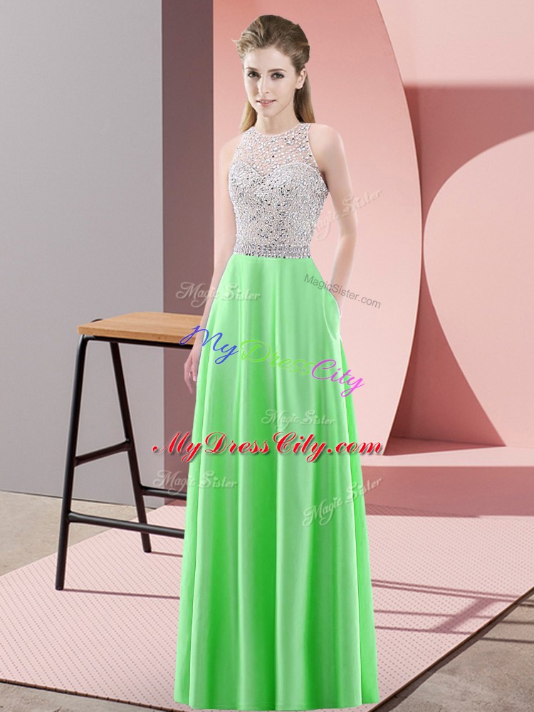 Glittering Scoop Sleeveless Formal Evening Gowns Floor Length Beading Green Satin