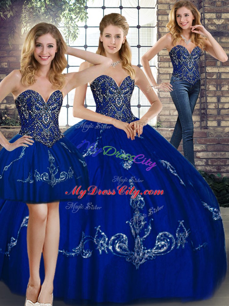 Royal Blue Sleeveless Floor Length Beading and Embroidery Lace Up Quinceanera Dresses