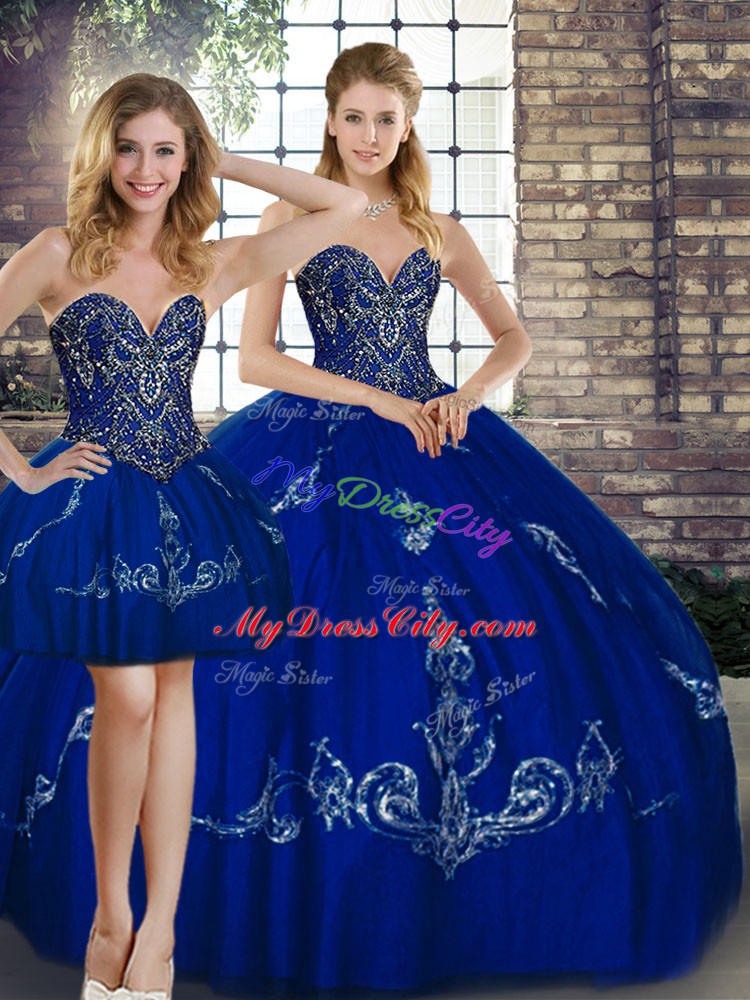 Royal Blue Sleeveless Floor Length Beading and Embroidery Lace Up Quinceanera Dresses