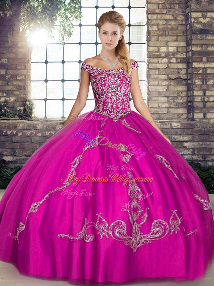 Excellent Fuchsia Sleeveless Beading and Embroidery Floor Length Sweet 16 Dresses