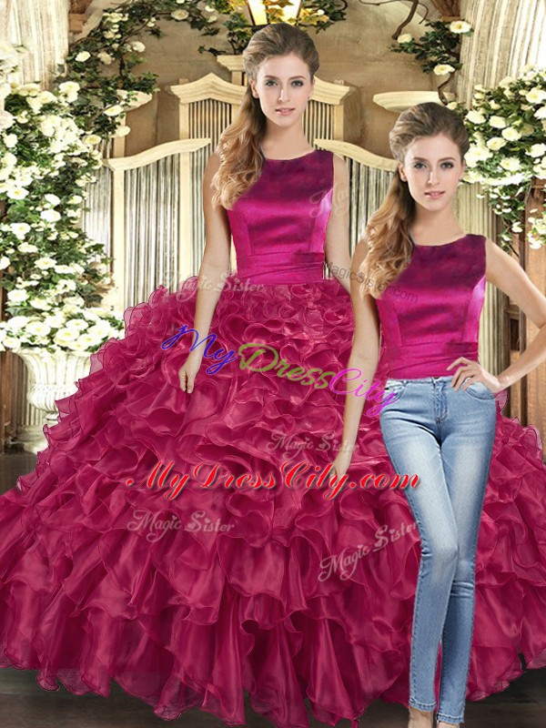 Luxury Fuchsia Organza Lace Up Scoop Sleeveless Floor Length Sweet 16 Quinceanera Dress Ruffles