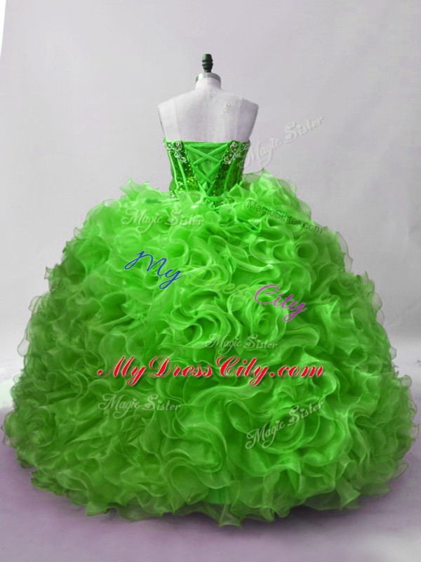 Popular Green Ball Gowns Beading and Ruffles Quinceanera Dress Lace Up Organza Sleeveless Floor Length