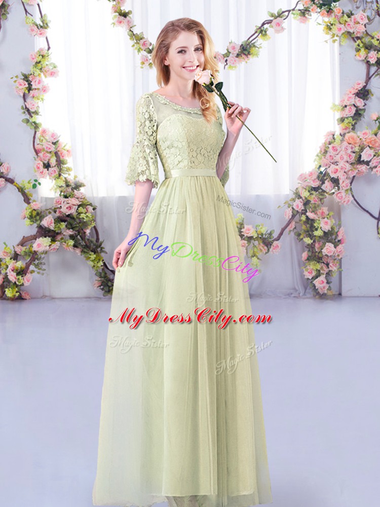 Charming Yellow Green Tulle Side Zipper Wedding Party Dress Half Sleeves Floor Length Lace and Belt