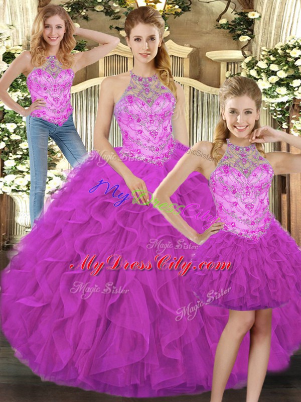 High End Fuchsia Quinceanera Gown Military Ball and Sweet 16 and Quinceanera with Beading and Ruffles Halter Top Sleeveless Lace Up