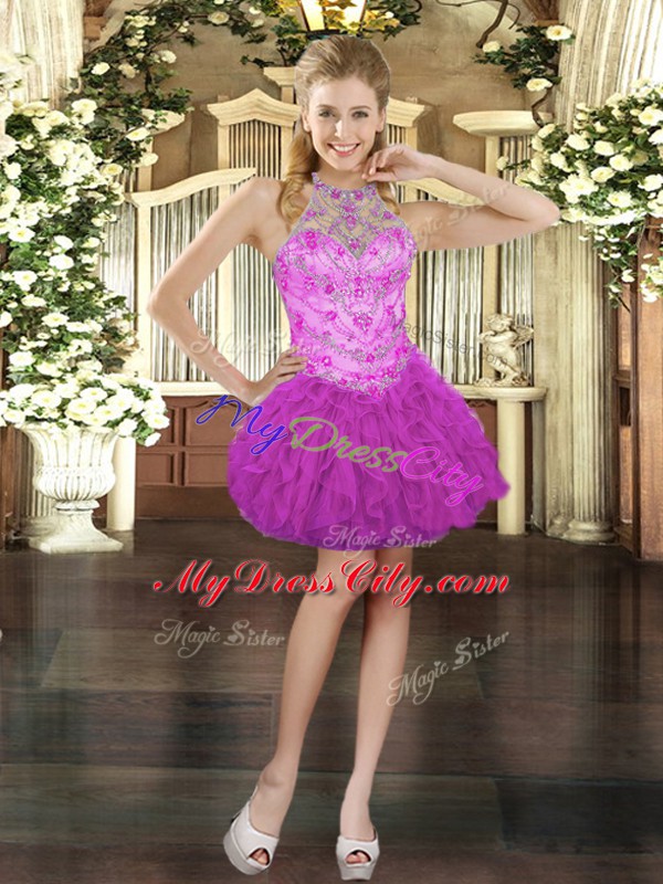 High End Fuchsia Quinceanera Gown Military Ball and Sweet 16 and Quinceanera with Beading and Ruffles Halter Top Sleeveless Lace Up