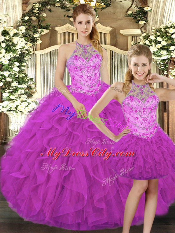 High End Fuchsia Quinceanera Gown Military Ball and Sweet 16 and Quinceanera with Beading and Ruffles Halter Top Sleeveless Lace Up