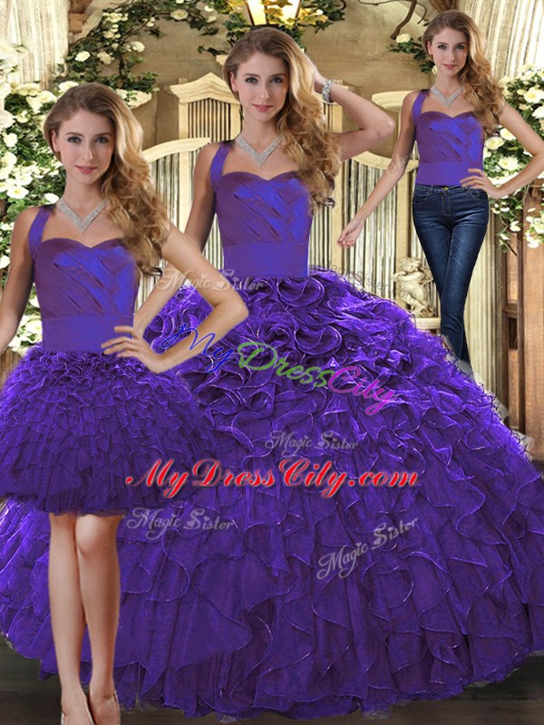 Trendy Purple Halter Top Neckline Ruffles Quinceanera Dresses Sleeveless Lace Up