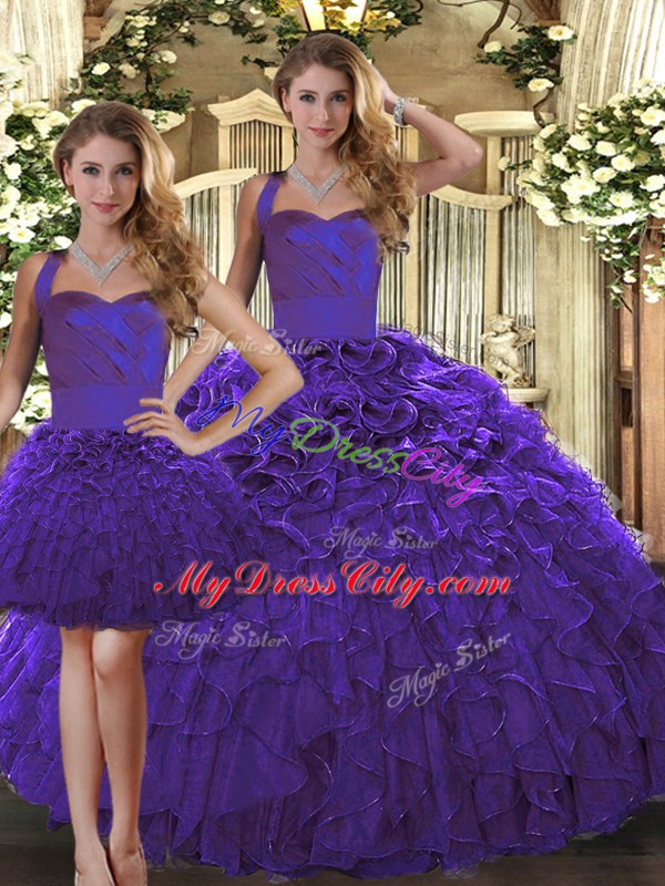 Trendy Purple Halter Top Neckline Ruffles Quinceanera Dresses Sleeveless Lace Up