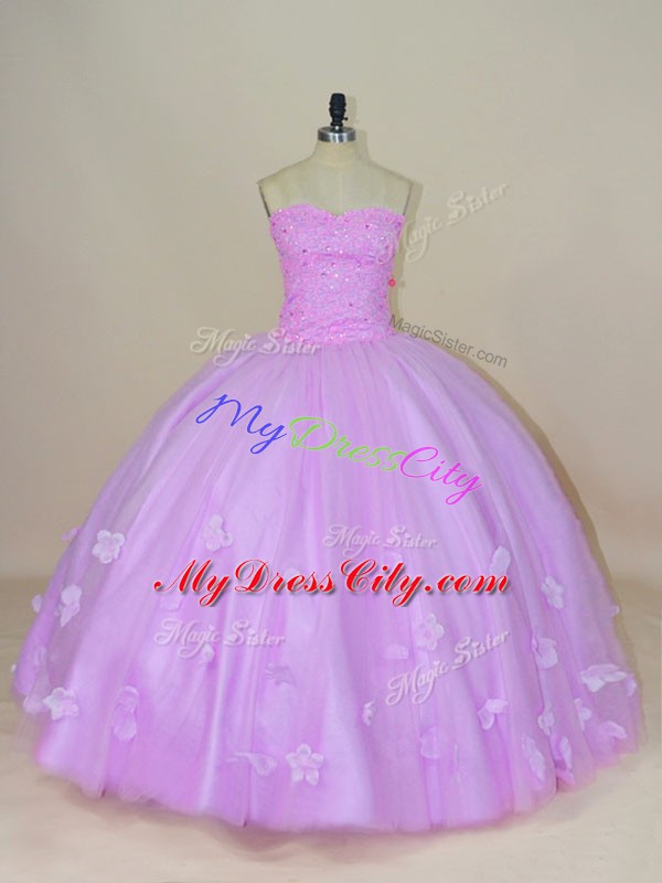 Inexpensive Hand Made Flower 15th Birthday Dress Lilac Lace Up Sleeveless Floor Length