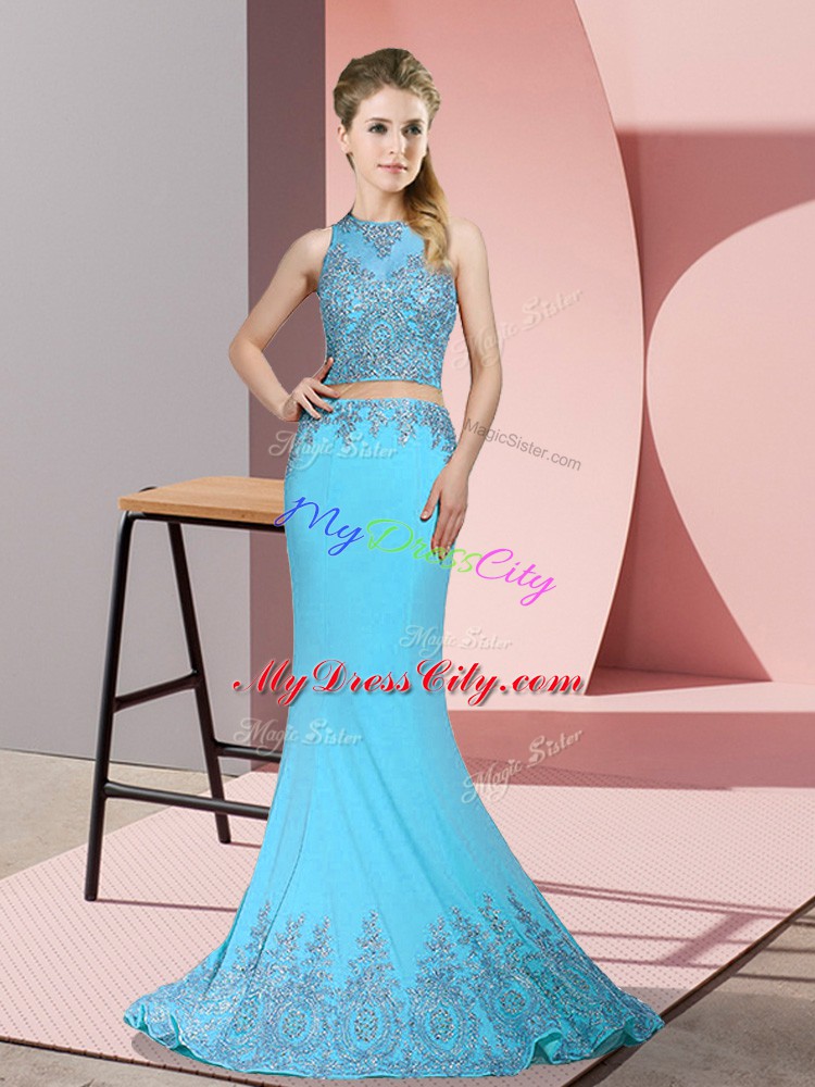 Cheap High-neck Sleeveless Sweep Train Zipper Juniors Evening Dress Aqua Blue Satin