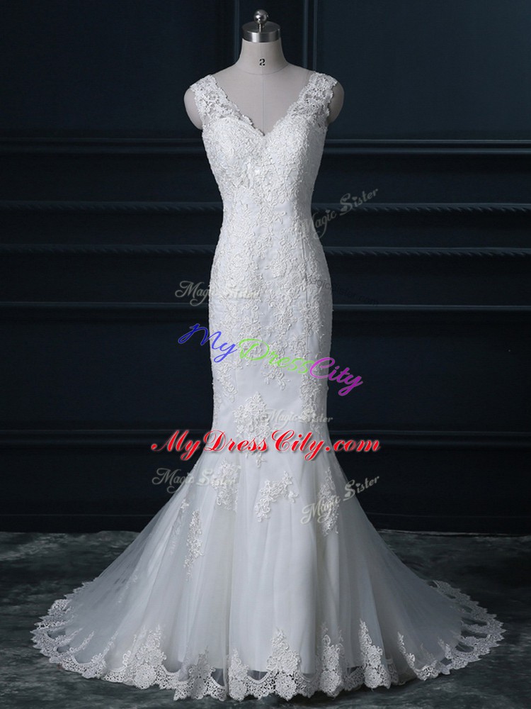 Attractive White V-neck Backless Lace Wedding Gowns Brush Train Sleeveless