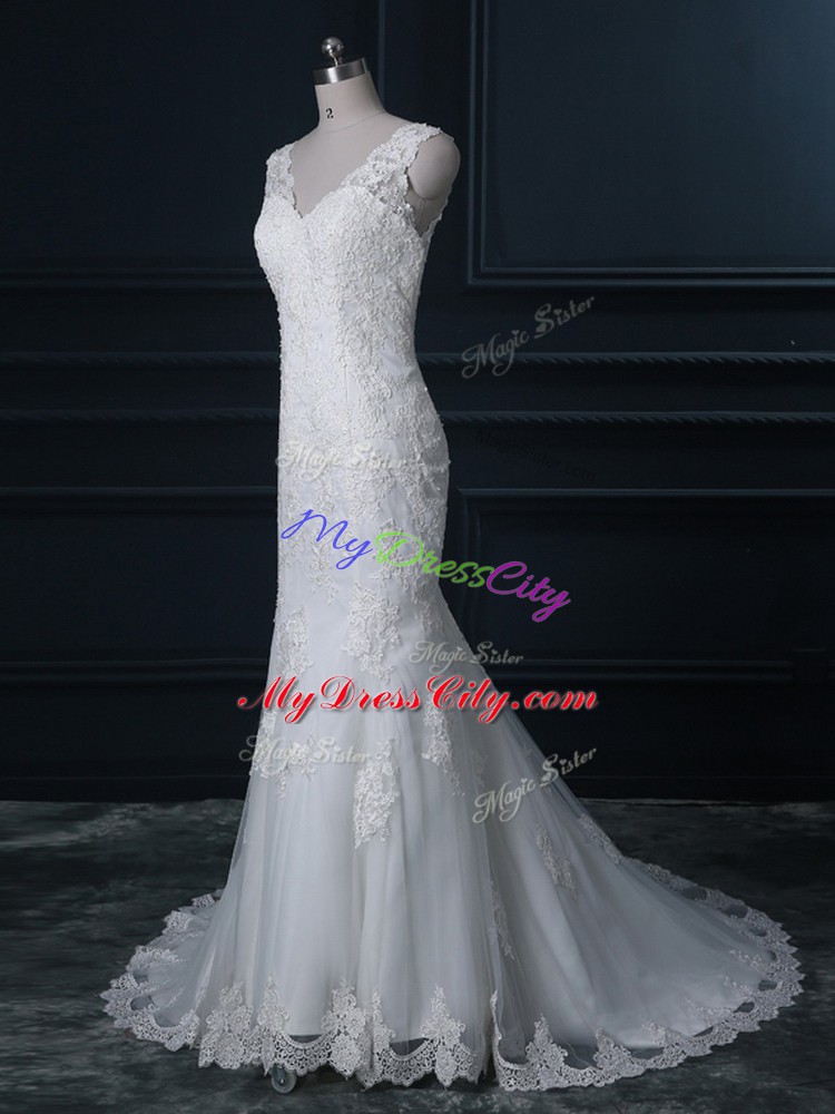 Attractive White V-neck Backless Lace Wedding Gowns Brush Train Sleeveless