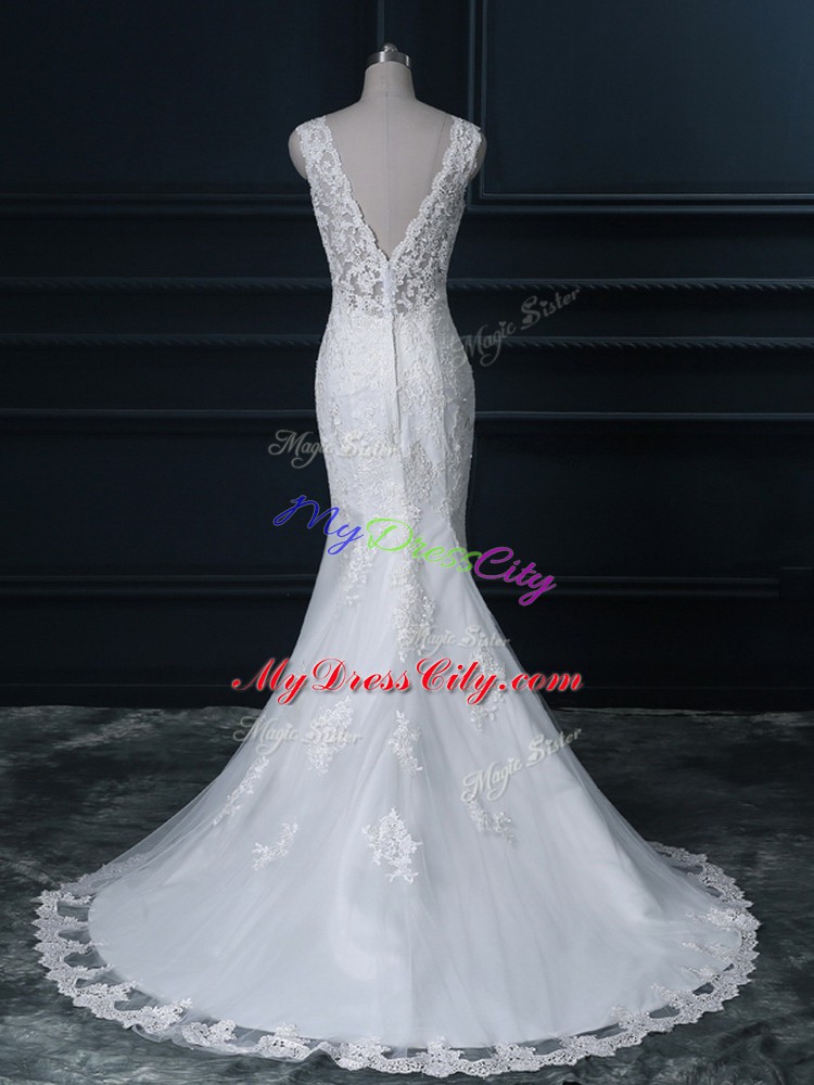 Attractive White V-neck Backless Lace Wedding Gowns Brush Train Sleeveless