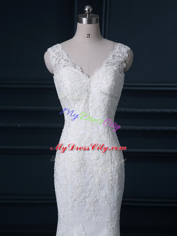 Attractive White V-neck Backless Lace Wedding Gowns Brush Train Sleeveless