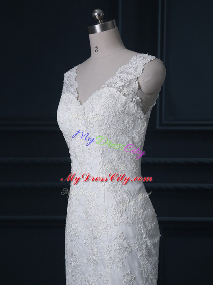 Attractive White V-neck Backless Lace Wedding Gowns Brush Train Sleeveless