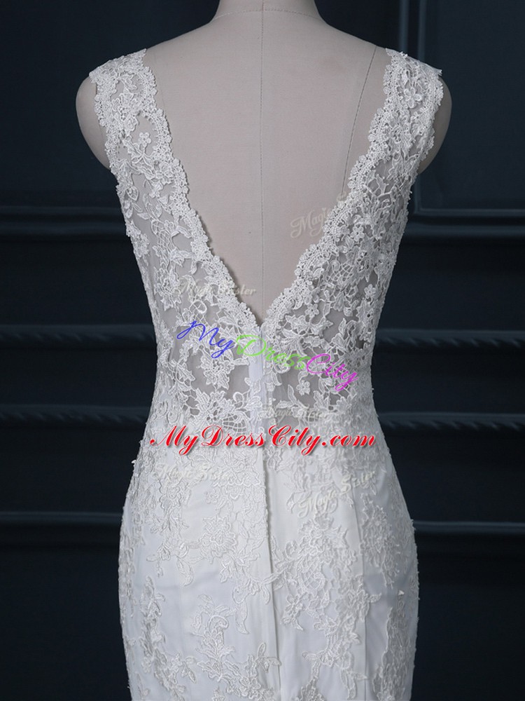 Attractive White V-neck Backless Lace Wedding Gowns Brush Train Sleeveless