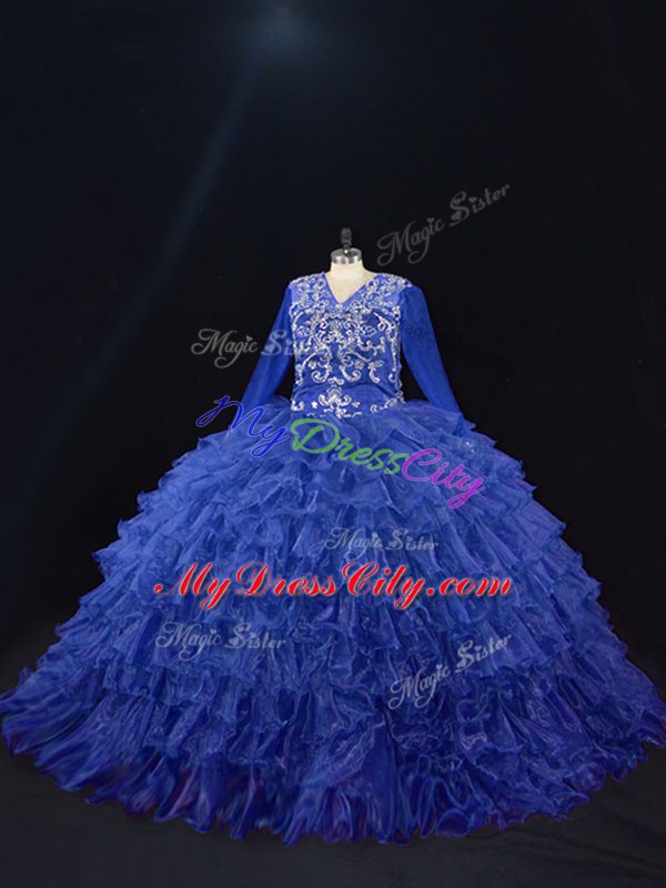 Unique V-neck Long Sleeves Lace Up Quinceanera Dresses Royal Blue Organza