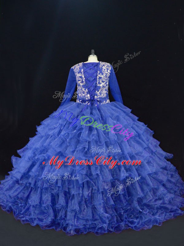 Unique V-neck Long Sleeves Lace Up Quinceanera Dresses Royal Blue Organza