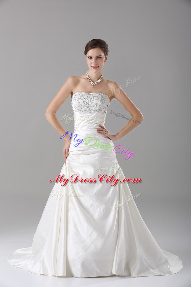 Best Sleeveless Brush Train Lace Up Beading Bridal Gown