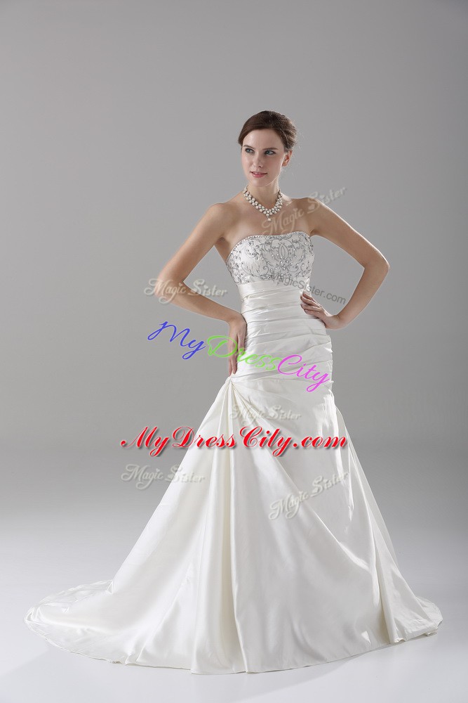 Best Sleeveless Brush Train Lace Up Beading Bridal Gown