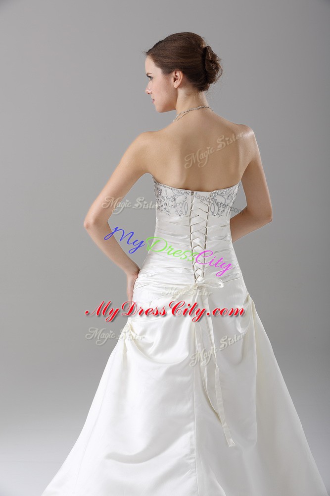 Best Sleeveless Brush Train Lace Up Beading Bridal Gown