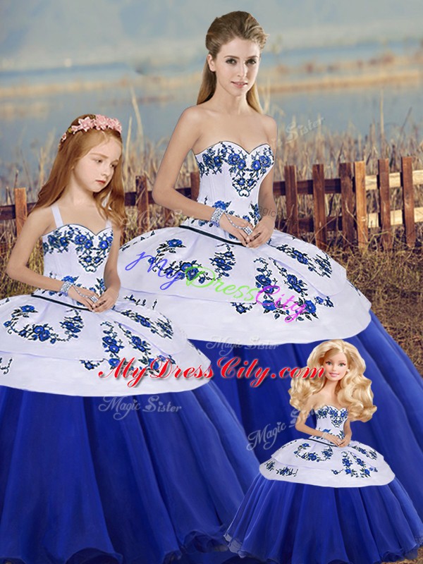 Royal Blue Sleeveless Floor Length Embroidery and Bowknot Lace Up 15 Quinceanera Dress