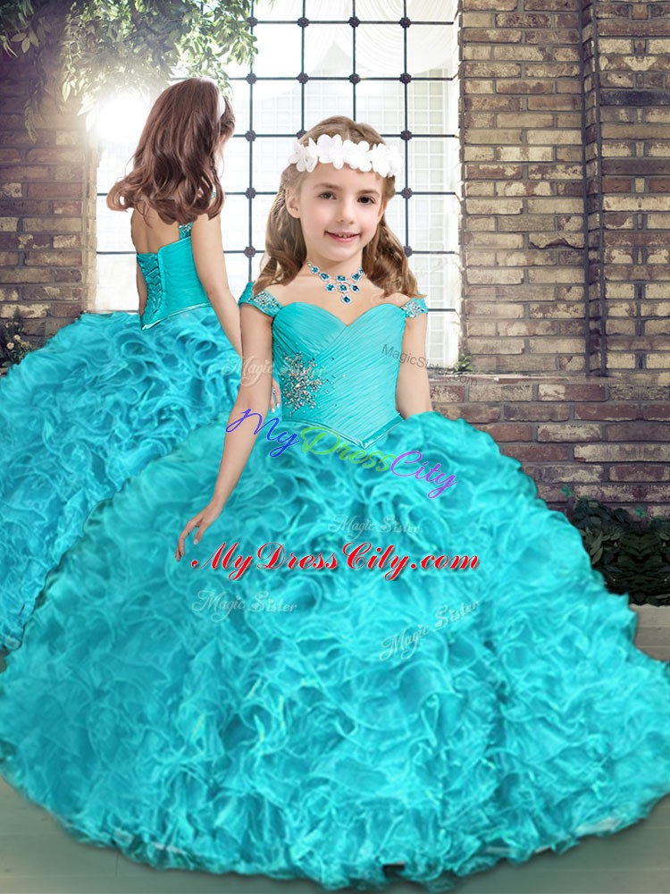 Floor Length Aqua Blue Little Girl Pageant Dress Straps Sleeveless Lace Up