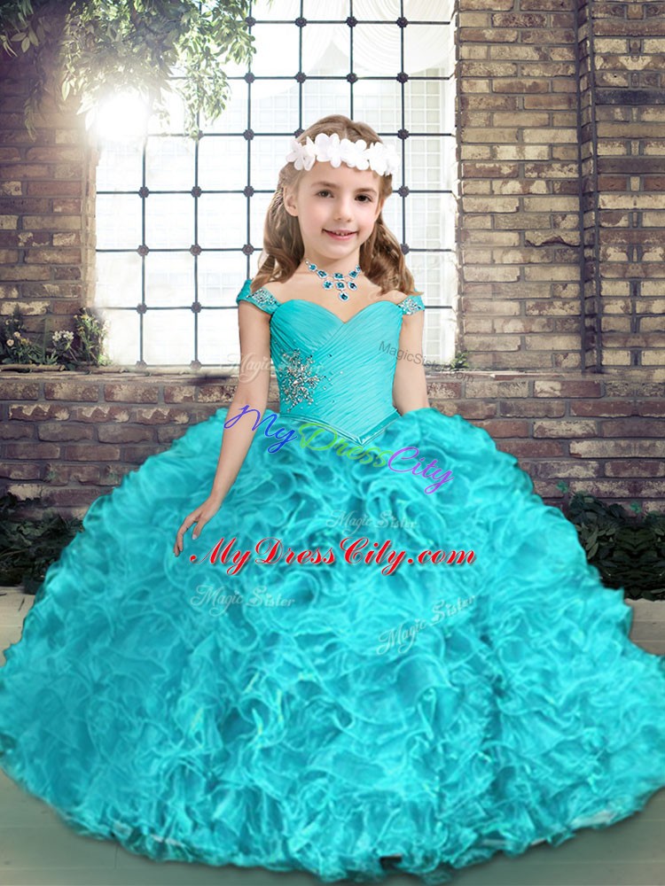 Floor Length Aqua Blue Little Girl Pageant Dress Straps Sleeveless Lace Up