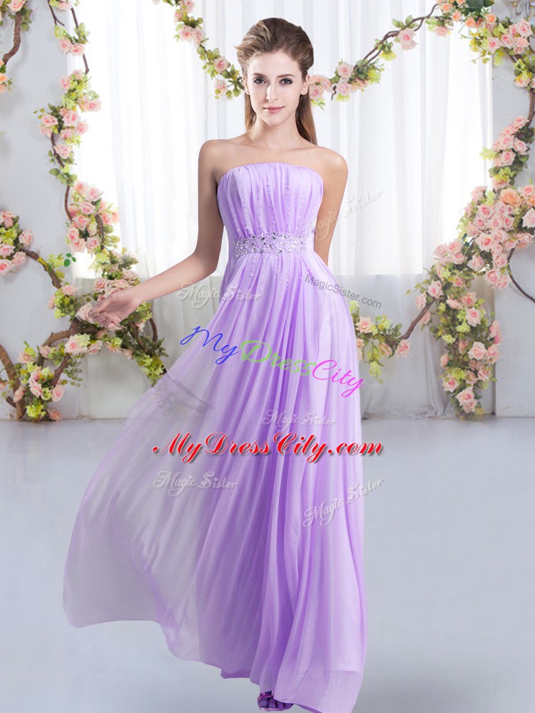 Captivating Strapless Sleeveless Chiffon Bridesmaids Dress Beading Sweep Train Lace Up