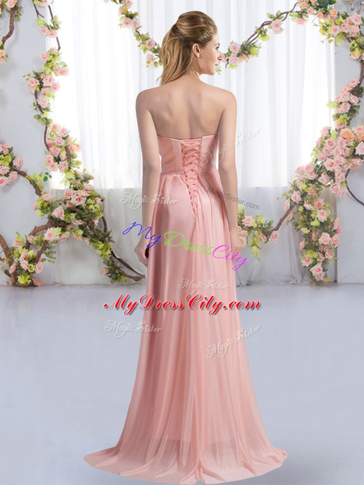 Captivating Strapless Sleeveless Chiffon Bridesmaids Dress Beading Sweep Train Lace Up