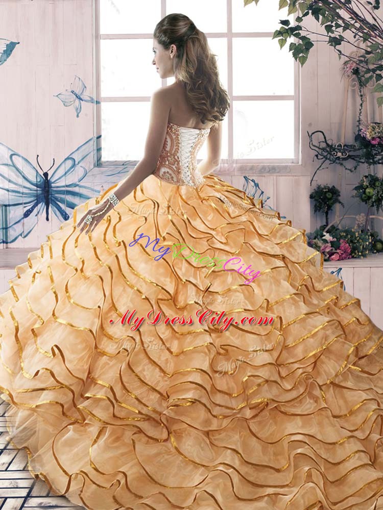 Pretty Sleeveless Organza Brush Train Lace Up Quinceanera Gown in Gold with Beading and Ruffled Layers