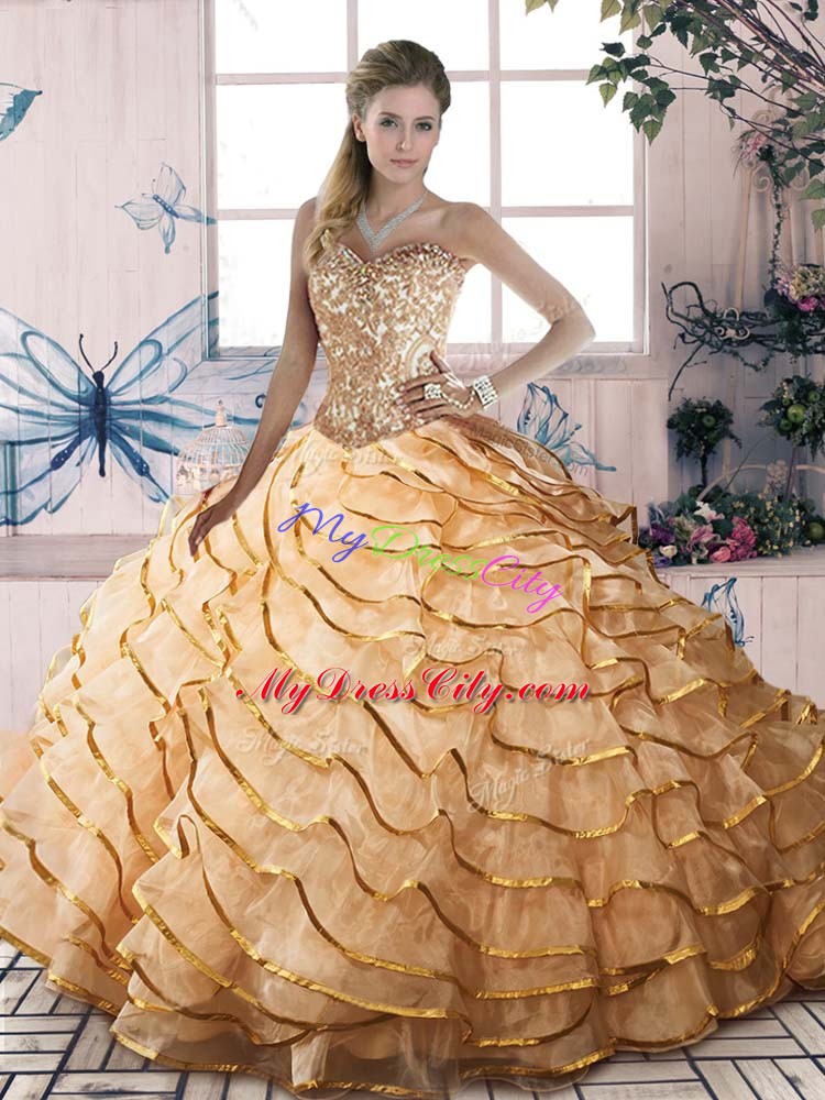 Pretty Sleeveless Organza Brush Train Lace Up Quinceanera Gown in Gold with Beading and Ruffled Layers