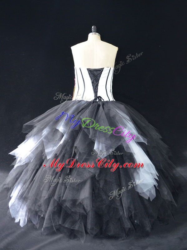 Sleeveless Floor Length Lace and Ruffles Lace Up Quinceanera Gowns with White And Black