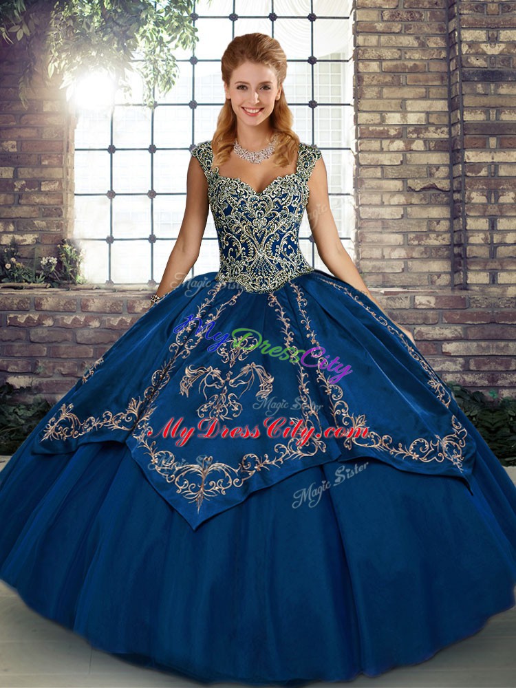 Simple Sleeveless Tulle Floor Length Lace Up Quinceanera Dresses in Blue with Beading and Embroidery