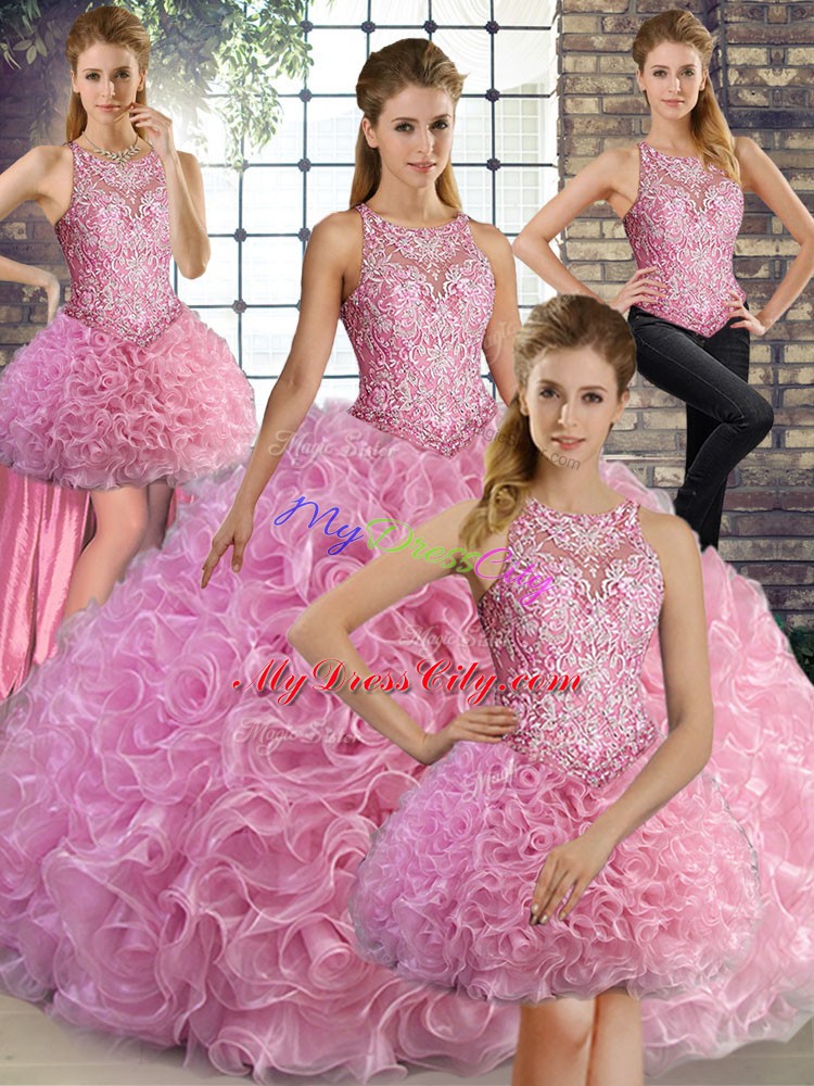 Rose Pink Fabric With Rolling Flowers Lace Up Scoop Sleeveless Floor Length Quinceanera Dress Beading