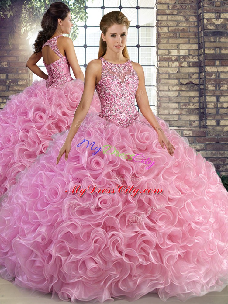 Rose Pink Fabric With Rolling Flowers Lace Up Scoop Sleeveless Floor Length Quinceanera Dress Beading