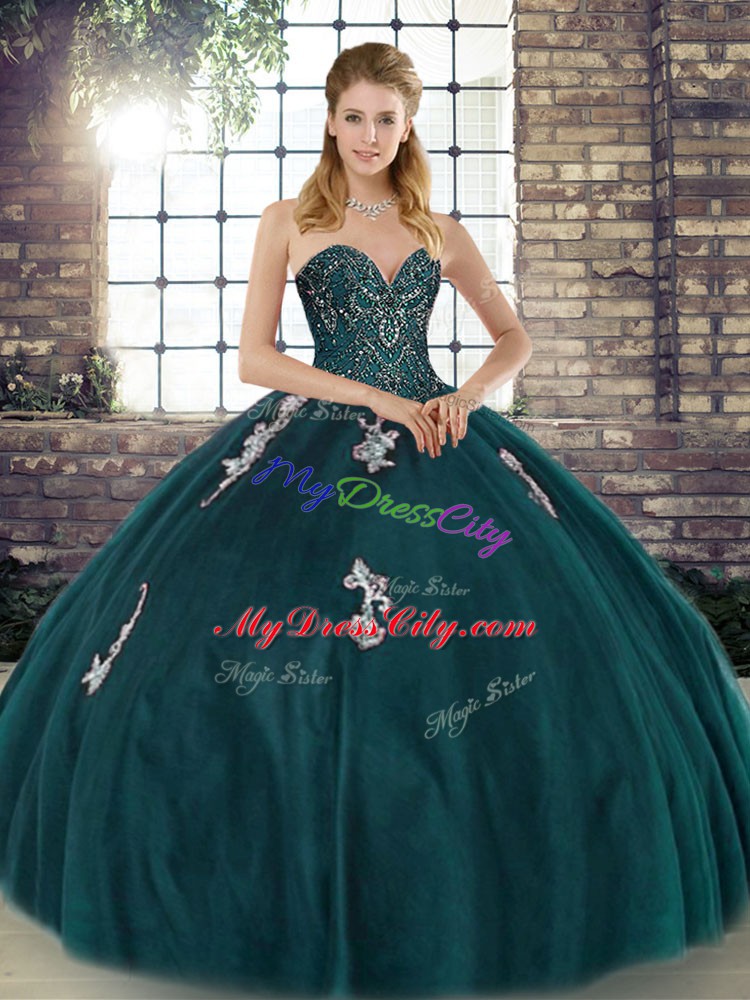 Luxurious Peacock Green Sleeveless Tulle Lace Up 15 Quinceanera Dress for Military Ball and Sweet 16 and Quinceanera