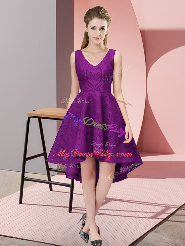 Sumptuous Purple A-line Lace V-neck Sleeveless Lace High Low Zipper Bridesmaid Dress