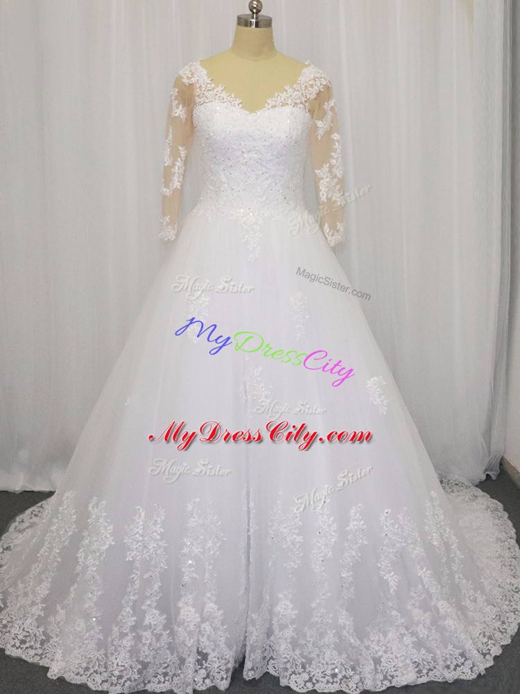 Eye-catching 3 4 Length Sleeve Tulle Brush Train Zipper Wedding Gowns in White with Beading and Lace