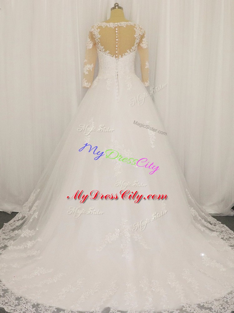 Eye-catching 3 4 Length Sleeve Tulle Brush Train Zipper Wedding Gowns in White with Beading and Lace