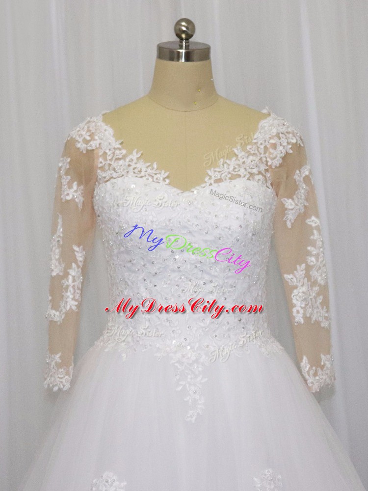 Eye-catching 3 4 Length Sleeve Tulle Brush Train Zipper Wedding Gowns in White with Beading and Lace