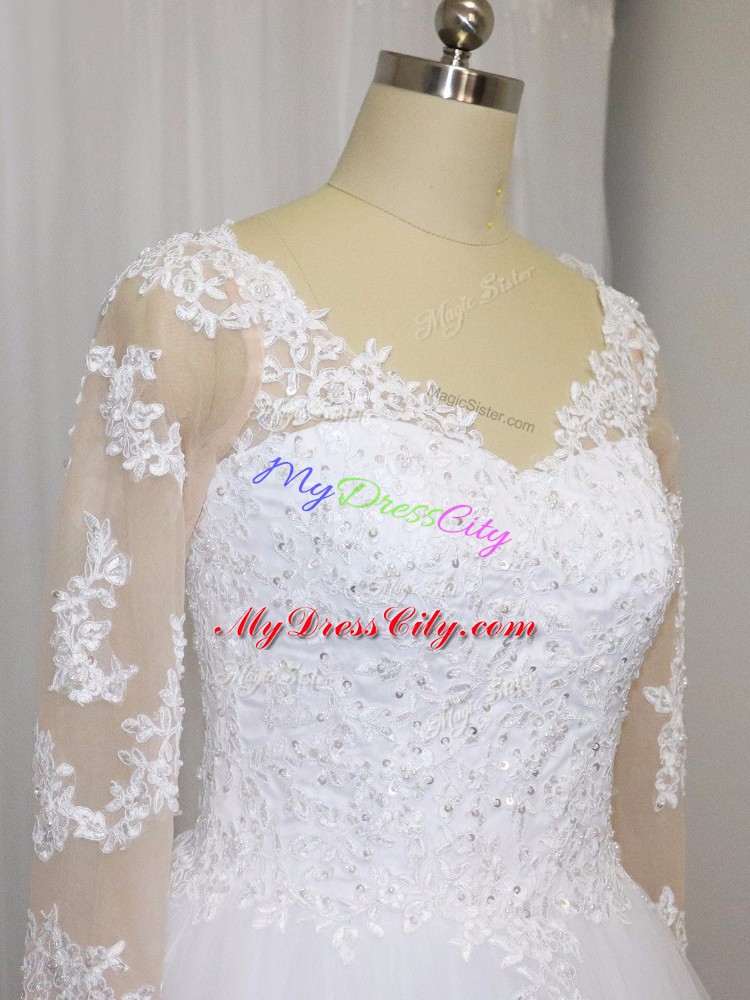 Eye-catching 3 4 Length Sleeve Tulle Brush Train Zipper Wedding Gowns in White with Beading and Lace