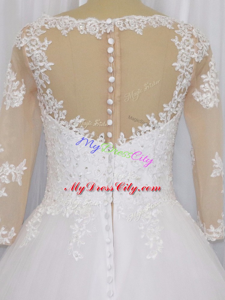 Eye-catching 3 4 Length Sleeve Tulle Brush Train Zipper Wedding Gowns in White with Beading and Lace