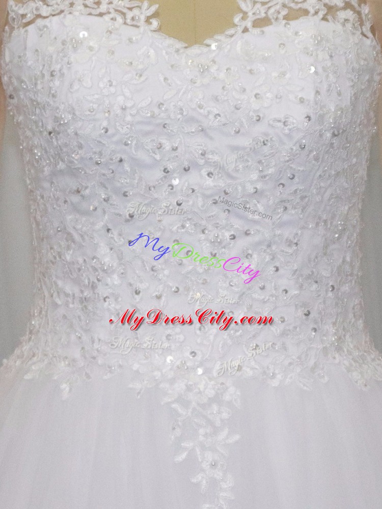 Eye-catching 3 4 Length Sleeve Tulle Brush Train Zipper Wedding Gowns in White with Beading and Lace