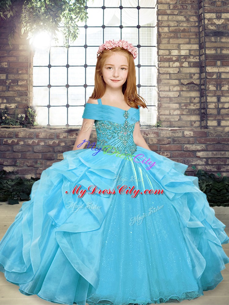 Aqua Blue Lace Up Straps Beading and Ruffles Glitz Pageant Dress Organza Sleeveless